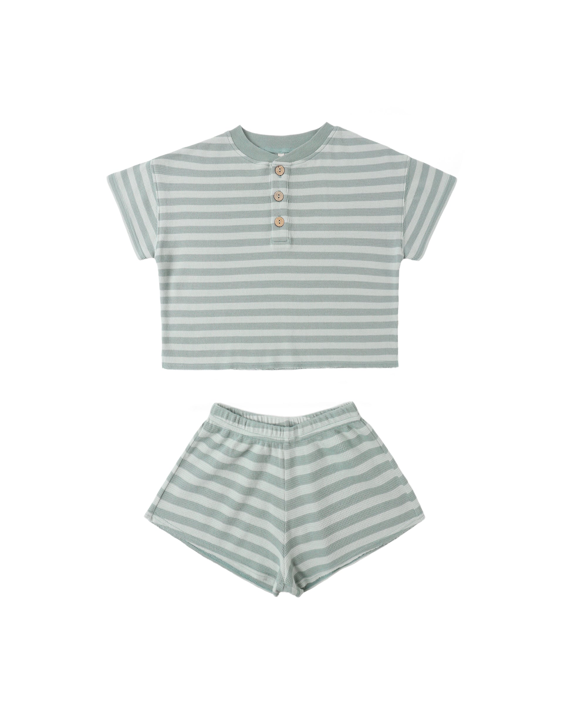 Sea green and white striped summer waffle set by Rylee & Cru, featuring a cozy top and matching shorts.