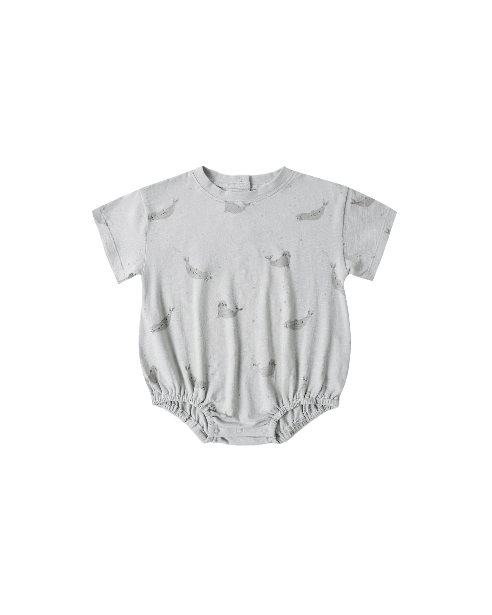 Blue Seals Relaxed Bubble Romper by Rylee & Cru, featuring soft fabric and comfortable fit for babies.