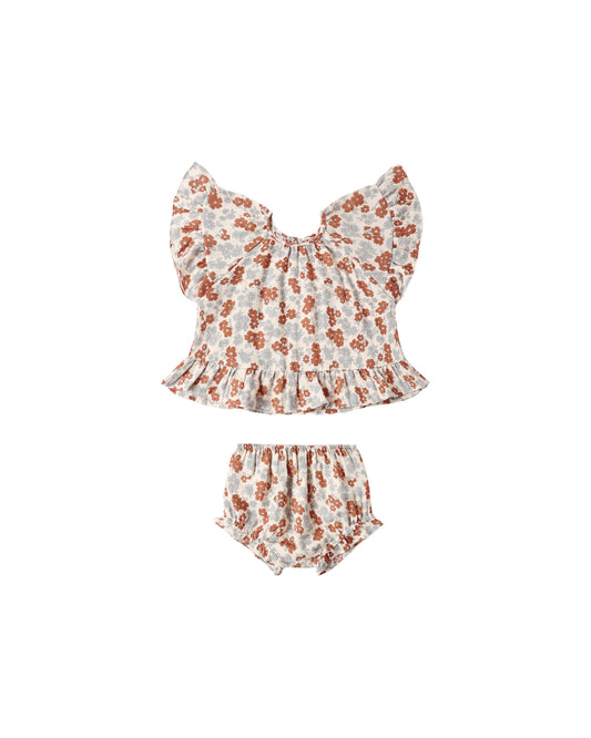Rylee & Cru Americana floral butterfly top and bloomer set for babies, featuring pastel colors and butterfly print.