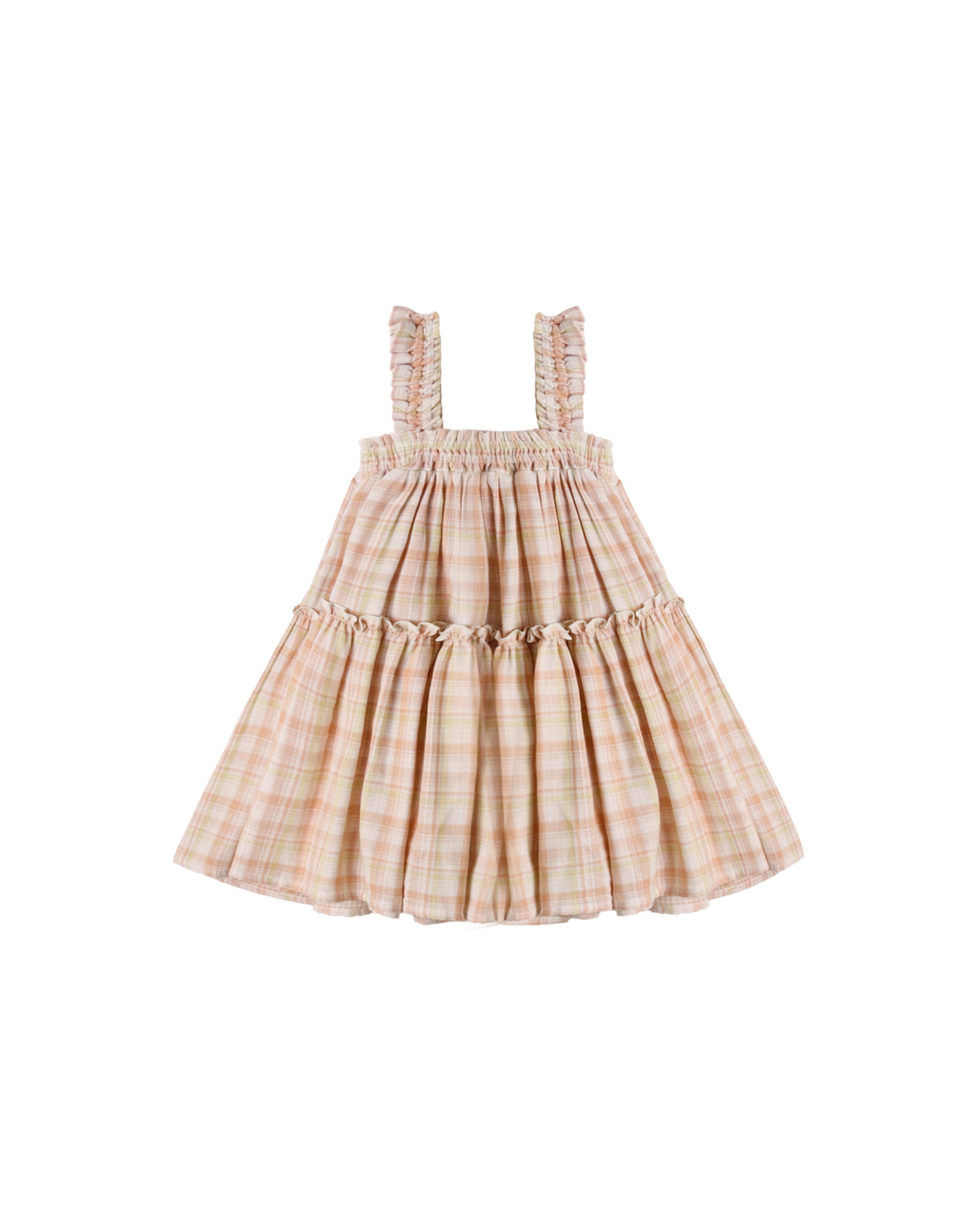 Rylee & Cru Summer Plaid Cicily Dress for girls, orange and white plaid fabric, sleeveless with ruffle details.