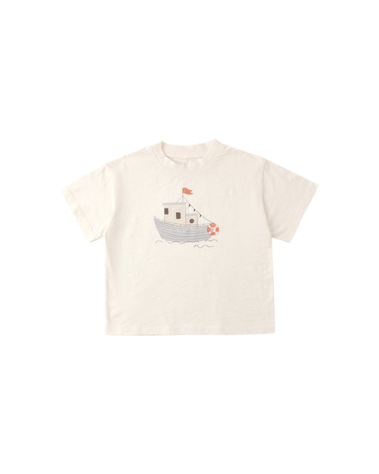 Rylee & Cru Tug Boat Relaxed Tee in ivory fabric, featuring a casual fit and nautical-inspired design on a plain background.