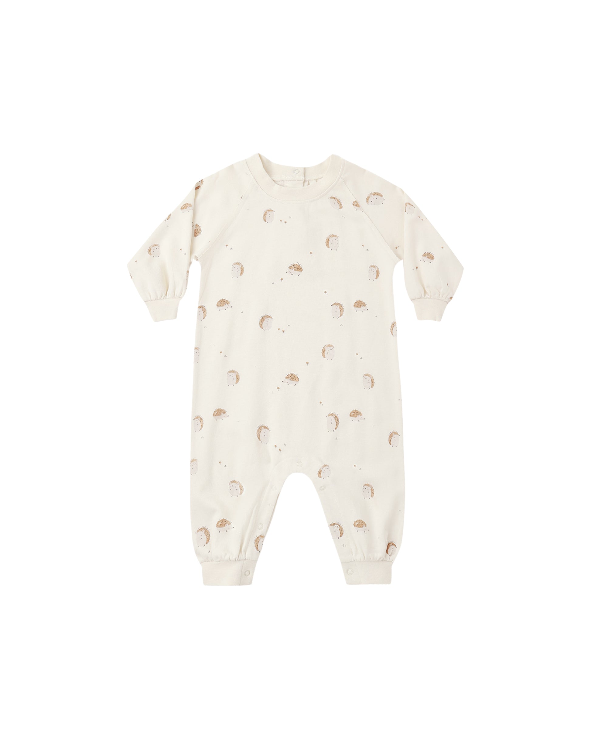 Rylee & Cru Hedgehog Raglan Jumpsuit in natural fabric, featuring long sleeves, soft material, and playful hedgehog print for babies.