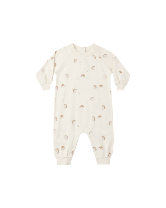 Rylee & Cru Hedgehog Raglan Jumpsuit in natural fabric, featuring long sleeves, soft material, and playful hedgehog print for babies.