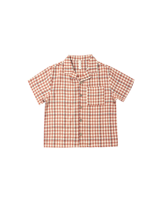 Rylee & Cru Poppy Gingham Lapel Collar Shirt in red and white, featuring a classic checkered pattern and button-front design.