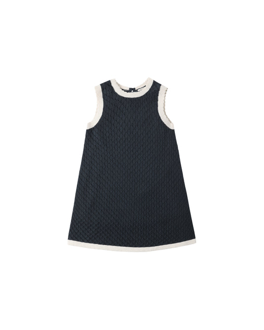 Navy crochet tank mini dress by Rylee & Cru featuring sleeveless design and textured crochet pattern.