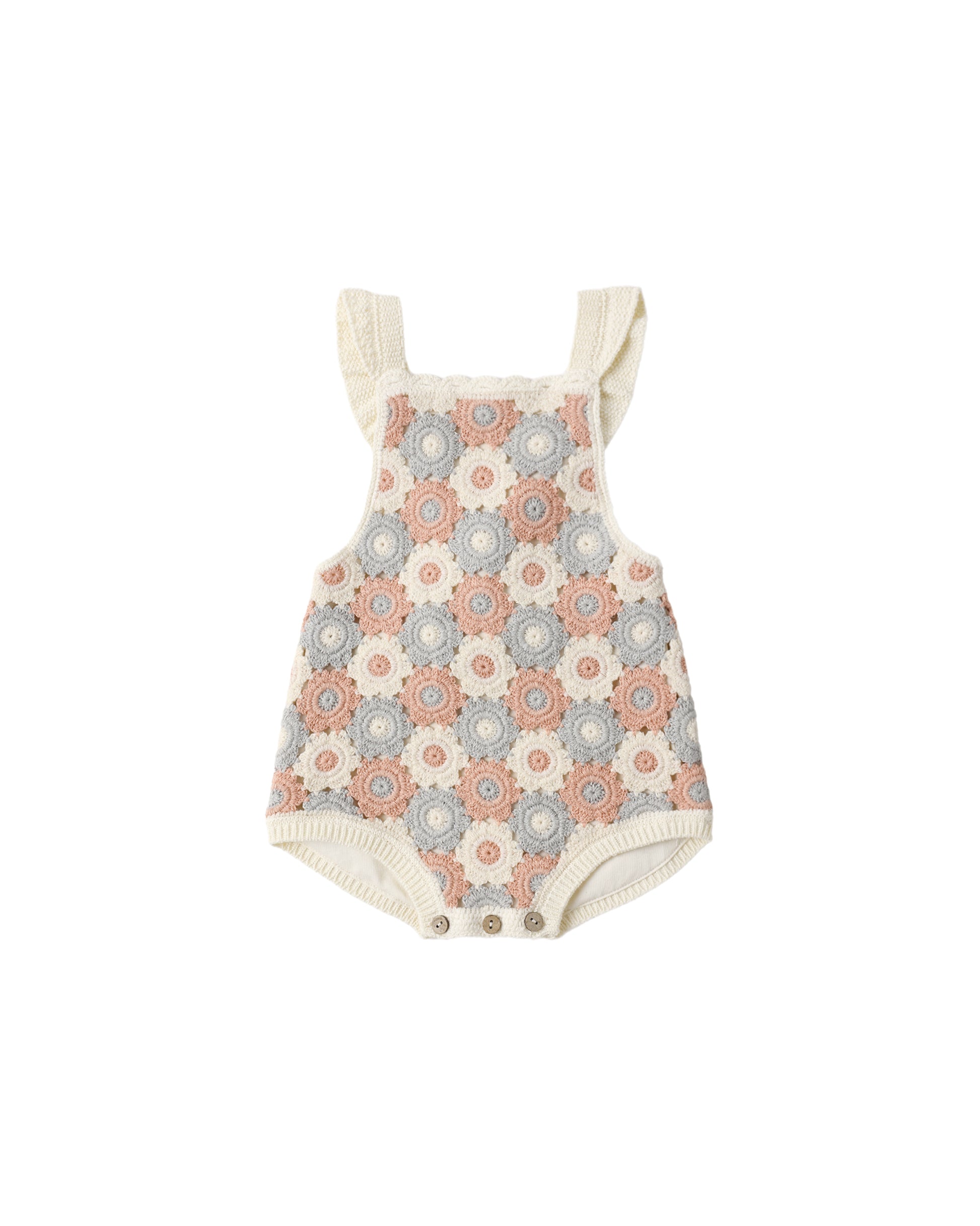 Blue, light pink, and ivory crochet romper by Rylee & Cru, featuring detailed stitch patterns and a soft, comfortable fit.