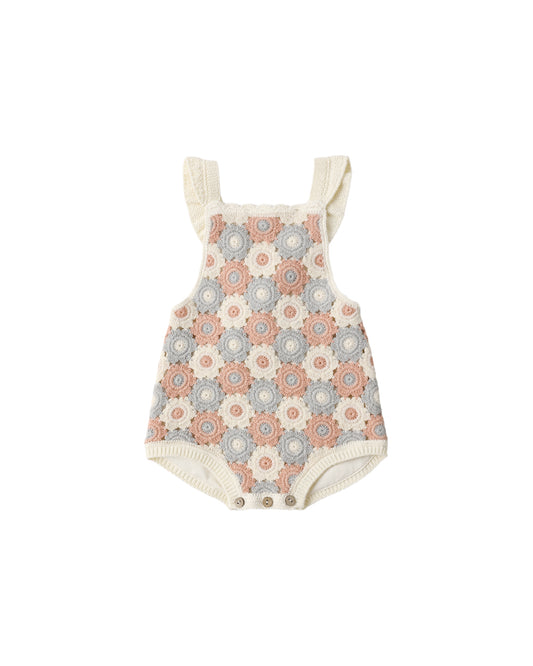Blue, light pink, and ivory crochet romper by Rylee & Cru, featuring detailed stitch patterns and a soft, comfortable fit.