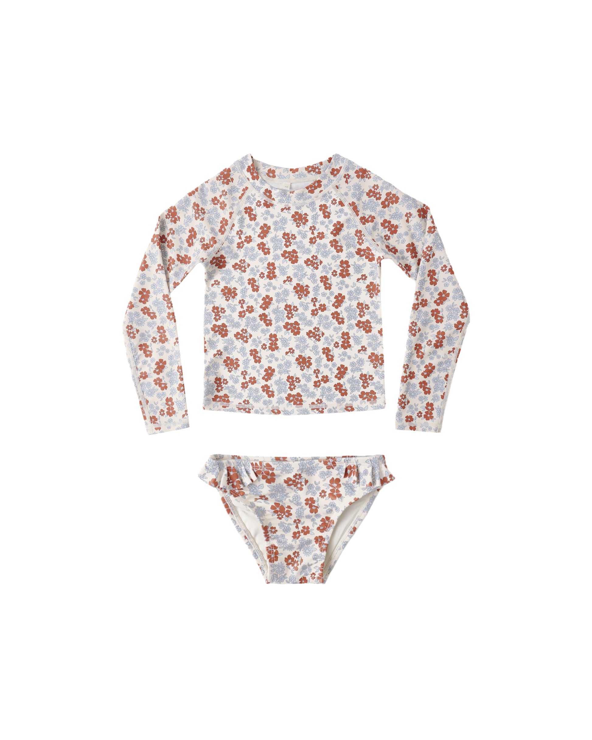 Rylee & Cru Americana Floral Maryn rashguard set with colorful floral pattern, featuring long sleeves and matching swim shorts.