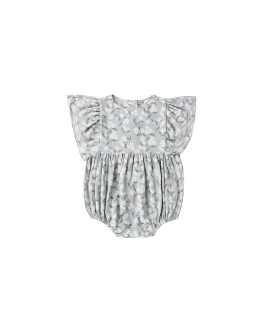 Light blue Hydrangea Kalea romper by Rylee & Cru featuring a soft, flowy design with floral print and short sleeves.