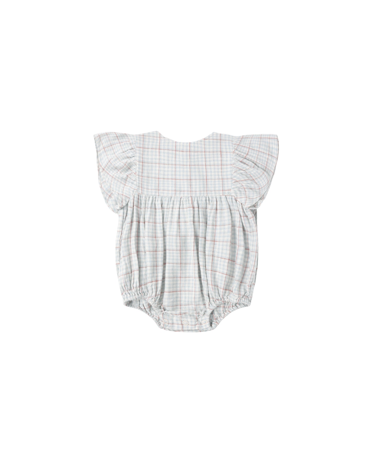 Light blue plaid Kalea romper by Rylee & Cru displayed on a child, featuring a soft fabric and cute, comfortable design.