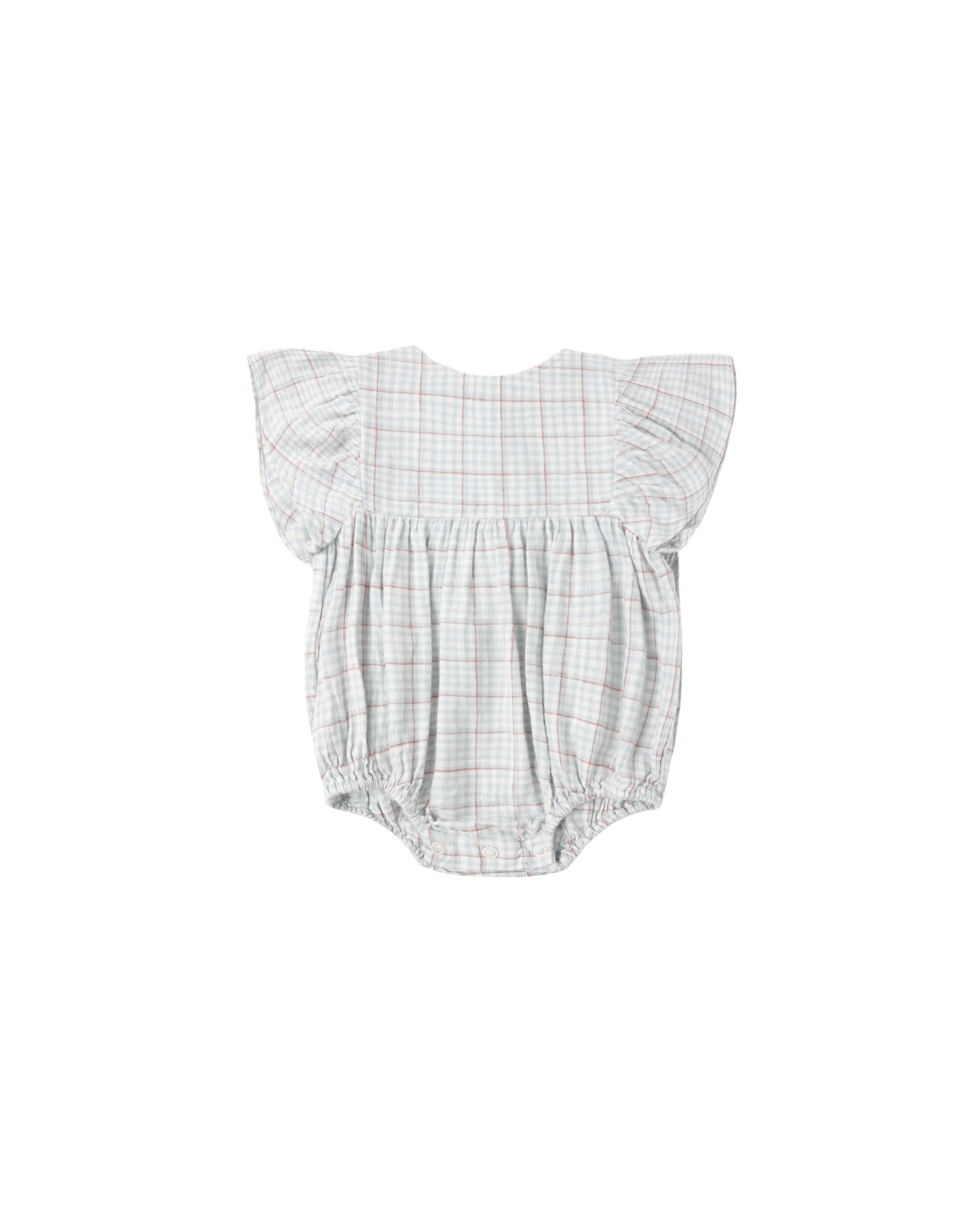 Light blue plaid Kalea romper by Rylee & Cru displayed on a child, featuring a soft fabric and cute, comfortable design.