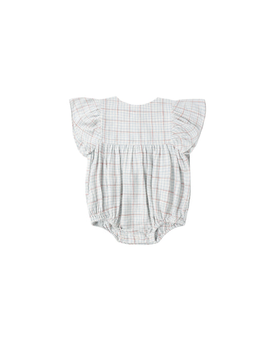 Light blue plaid Kalea romper by Rylee & Cru featuring a comfortable, stylish design with long sleeves and a relaxed fit.