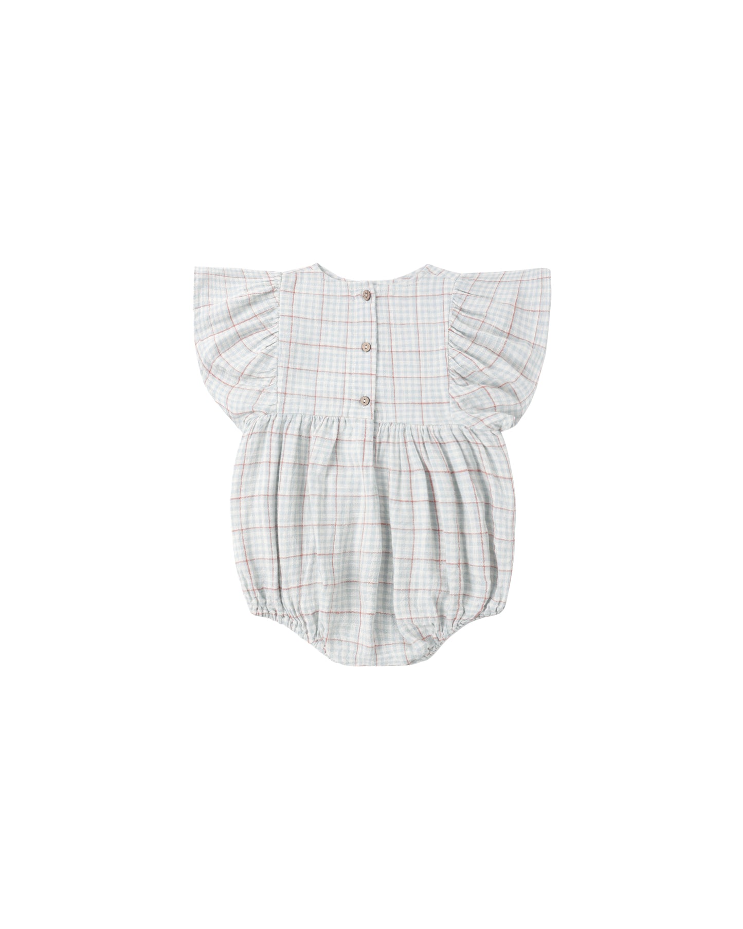 Light blue plaid Kalea romper by Rylee & Cru featuring short sleeves and a relaxed fit, perfect for casual wear.