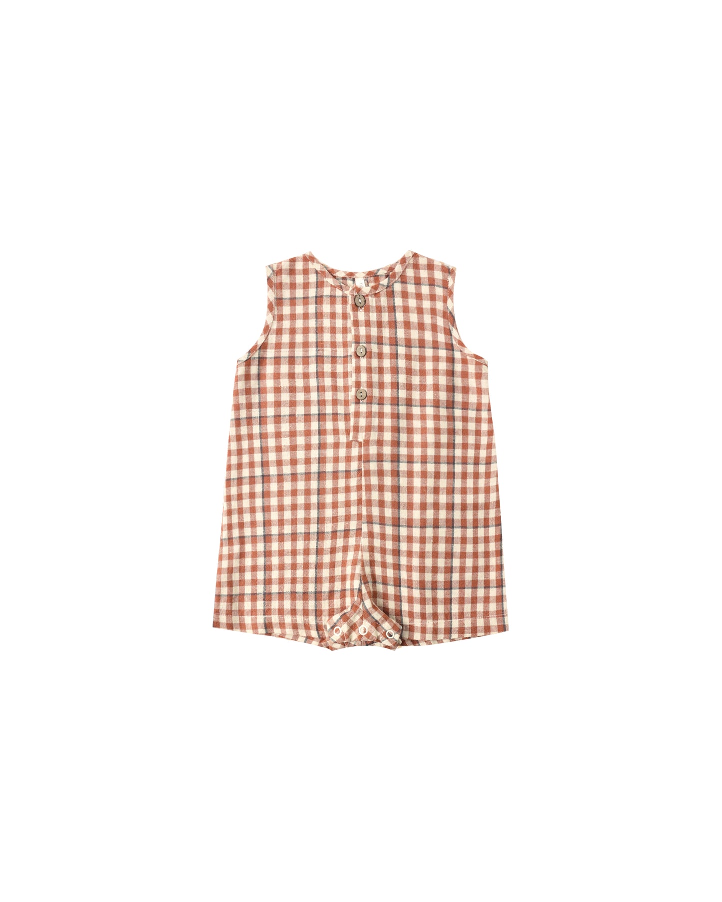 Rylee & Cru Poppy Gingham Mavrick Romper for kids, featuring red and white checkered fabric and shoulder tie straps.