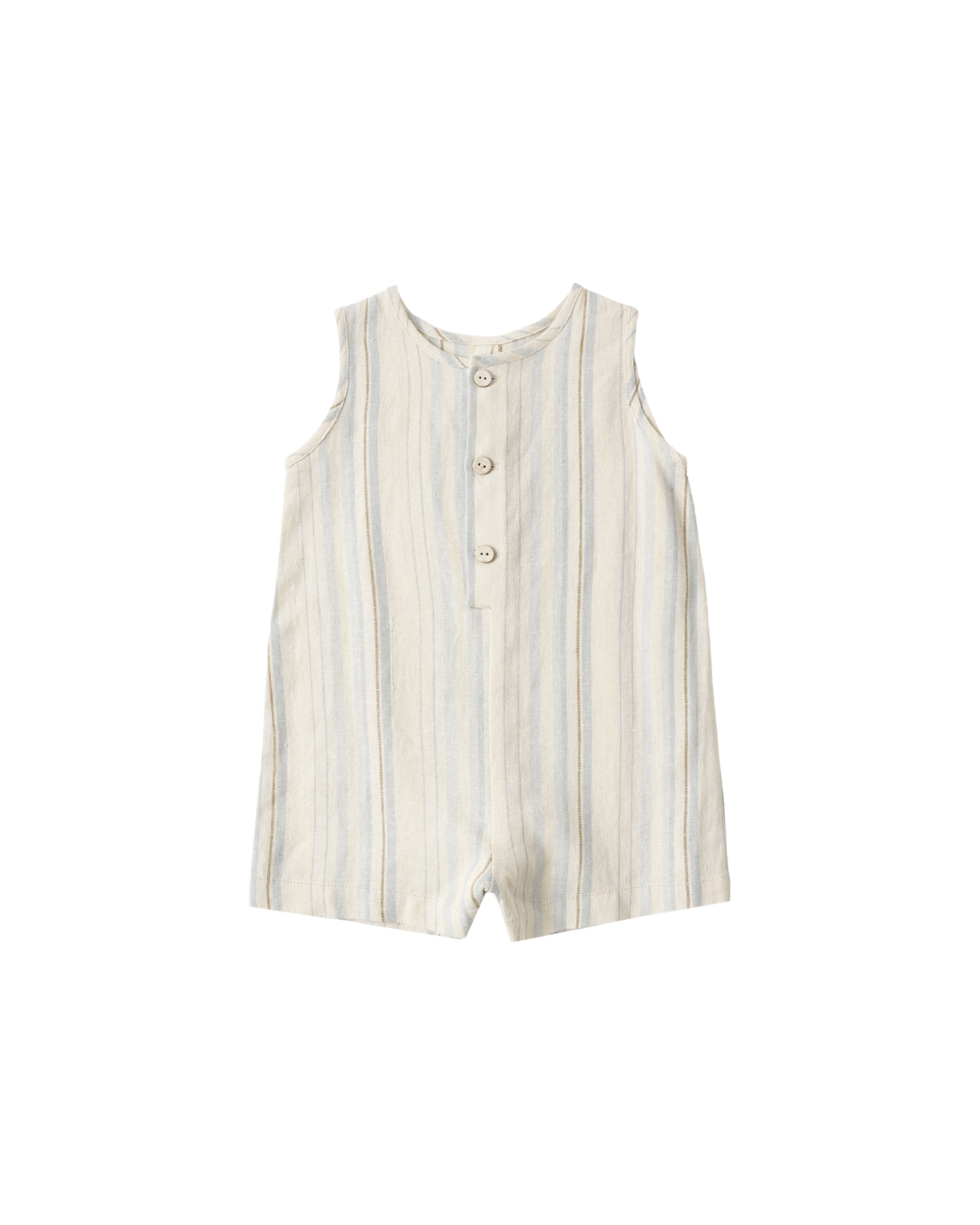 Rylee & Cru Sea Stripe Mavrick Romper in natural fabric, featuring blue and white nautical stripe pattern and short sleeves.