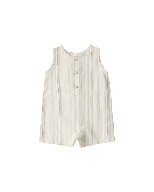 Rylee & Cru Sea Stripe Mavrick Romper in natural fabric, featuring blue and white nautical stripe pattern and short sleeves.