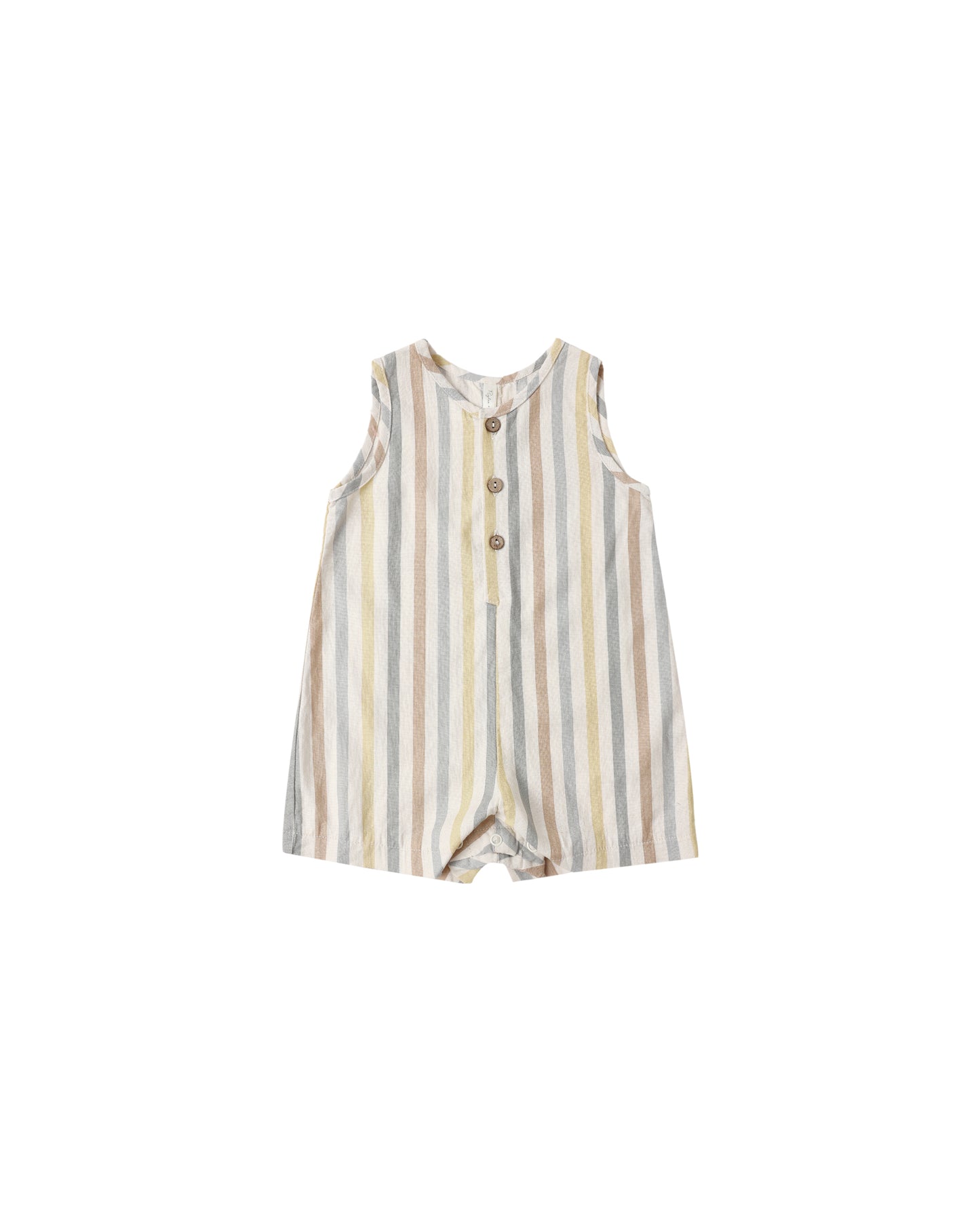 Rylee & Cru Valencia Stripe Maverick Romper in natural fabric, featuring colorful striped pattern and sleeveless design for kids.
