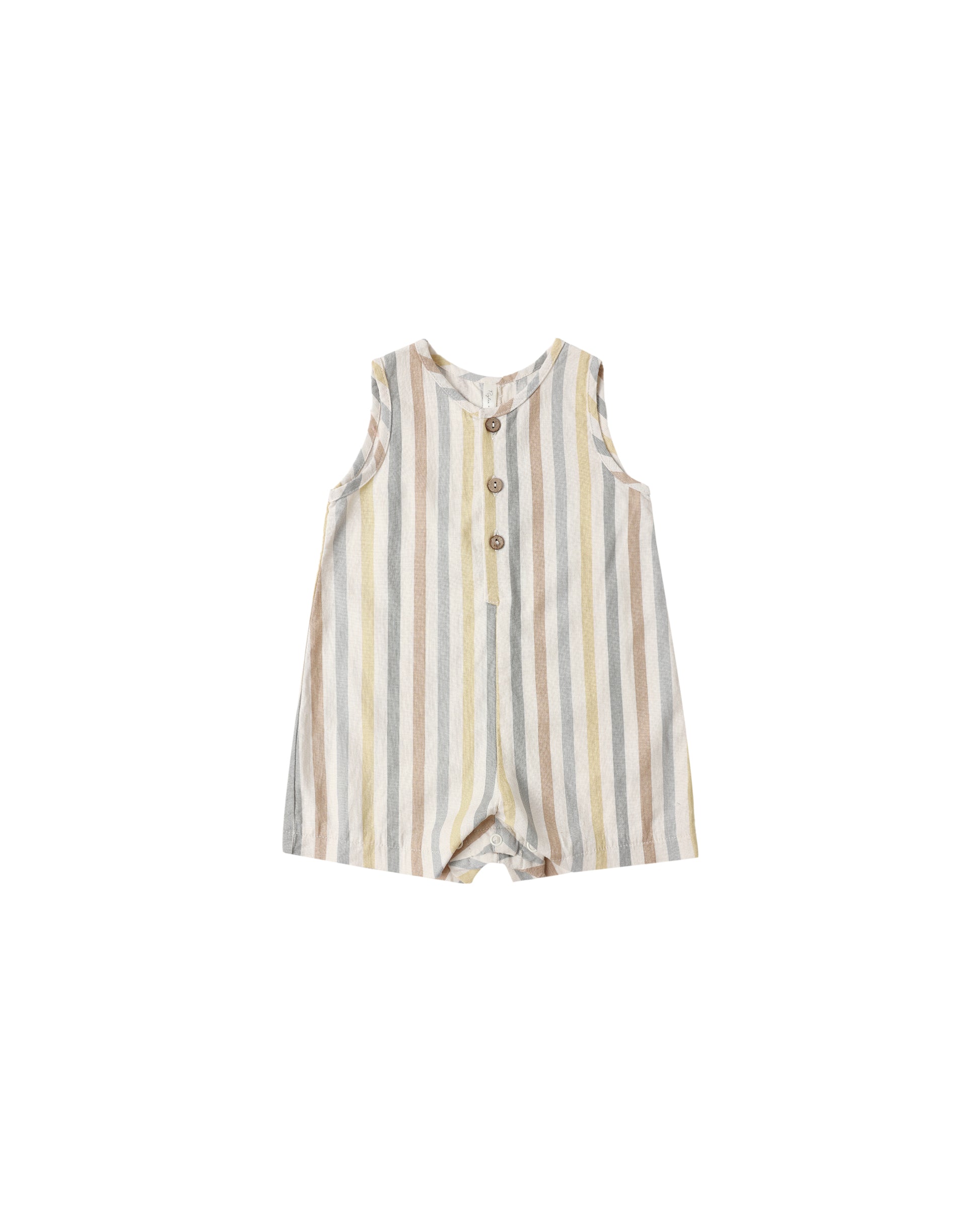 Rylee & Cru Valencia Stripe Maverick Romper in natural fabric, featuring colorful striped pattern and sleeveless design for kids.