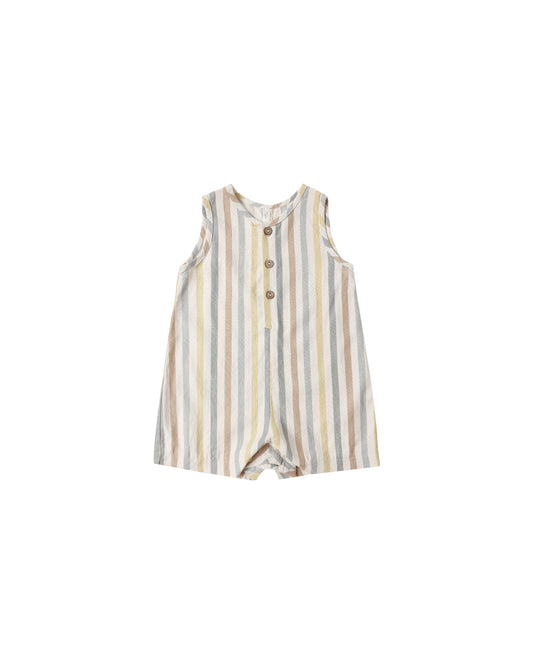 Rylee & Cru Valencia Stripe Maverick Romper in natural fabric, featuring colorful striped pattern and sleeveless design for kids.