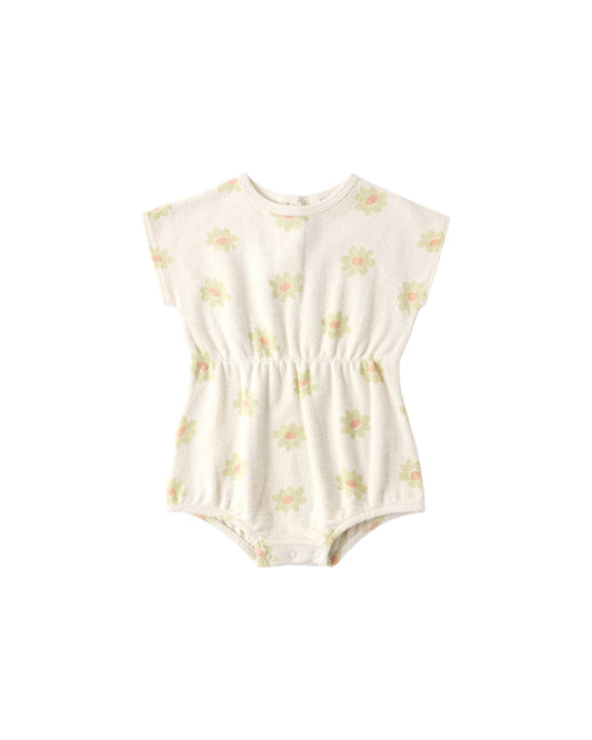 Yellow Daisy Kai romper by Rylee & Cru featuring a playful daisy print and comfortable fabric, perfect for warm weather.