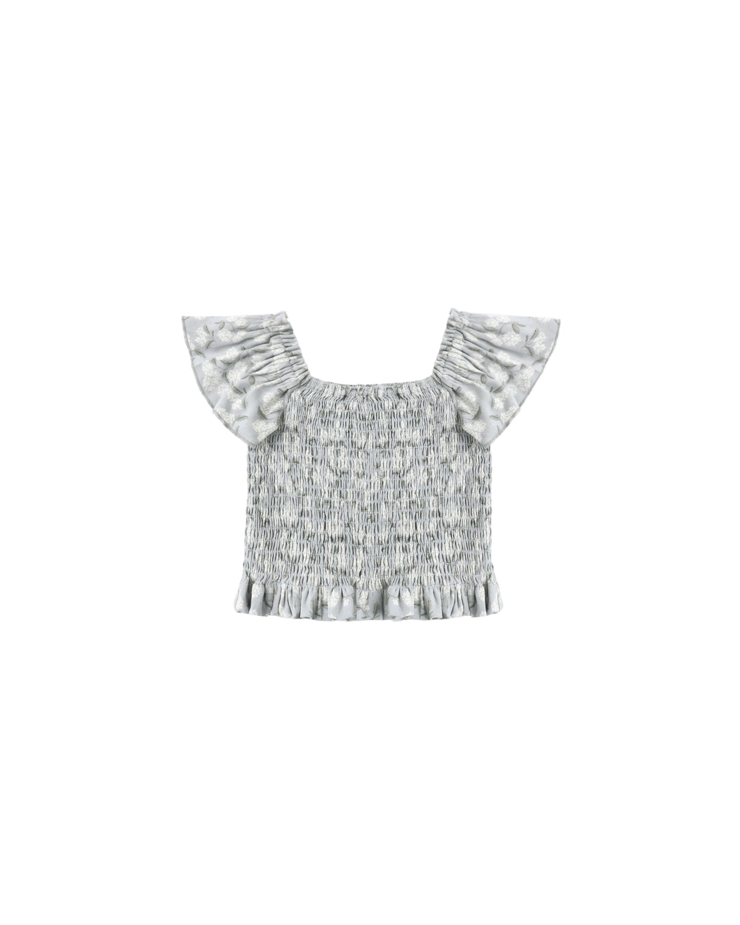 Light blue Hydrangea Zayla Top by Rylee & Cru, featuring a floral print and relaxed fit, displayed on a hanger.