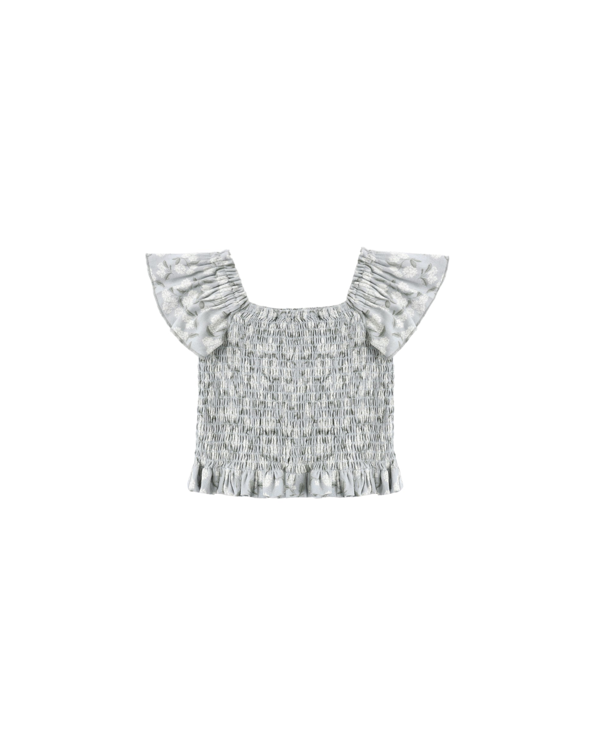 Light blue Hydrangea Zayla Top by Rylee & Cru, featuring a floral print and relaxed fit, displayed on a hanger.