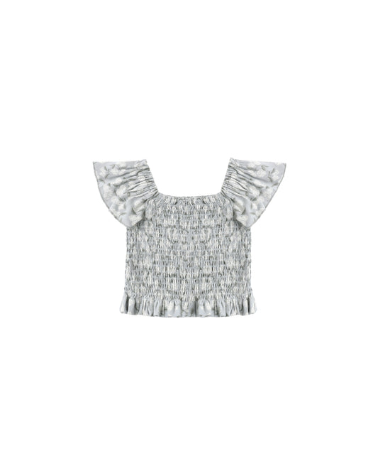 Light blue Hydrangea Zayla Top by Rylee & Cru, featuring a floral print and relaxed fit, displayed on a hanger.