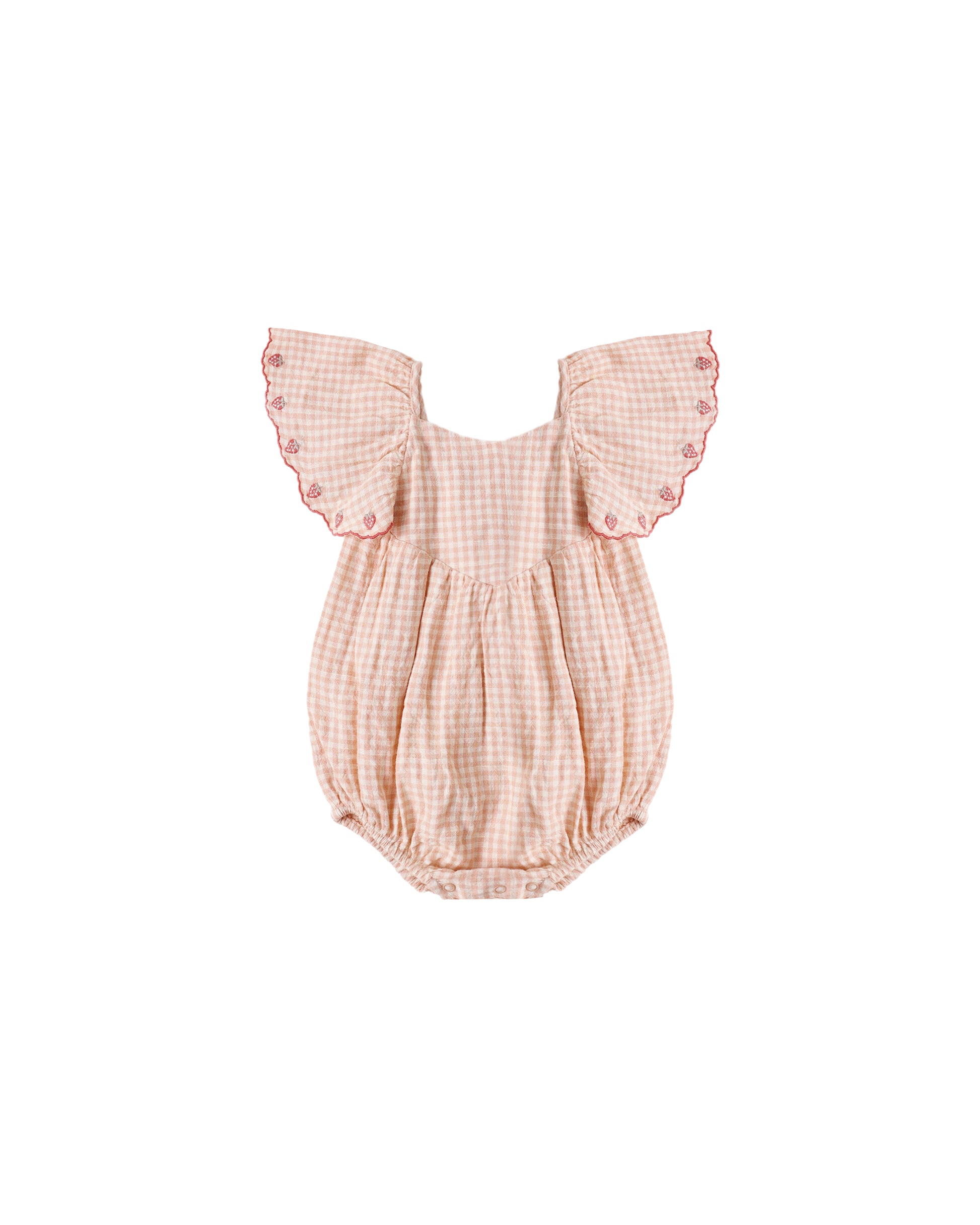 Rylee & Cru Petal Gingham Roxy Romper for babies, featuring pink and white gingham fabric with ruffled details and shoulder buttons.
