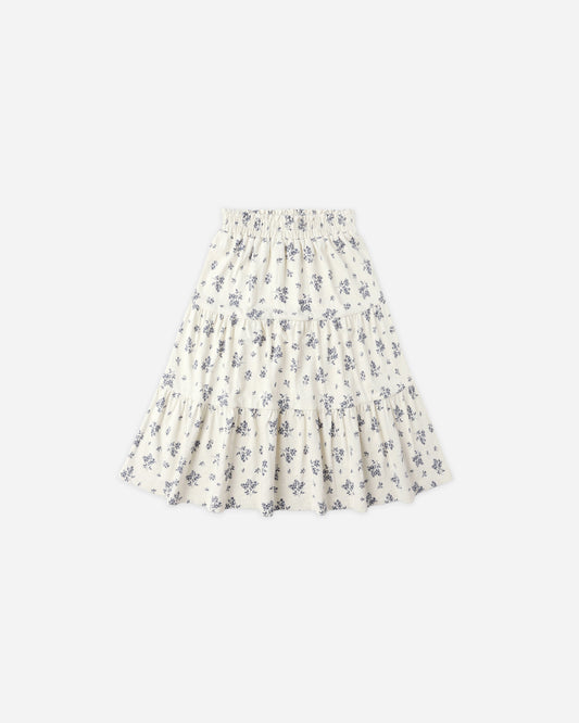 Blue Floral Ruffled Tiered Midi Skirt