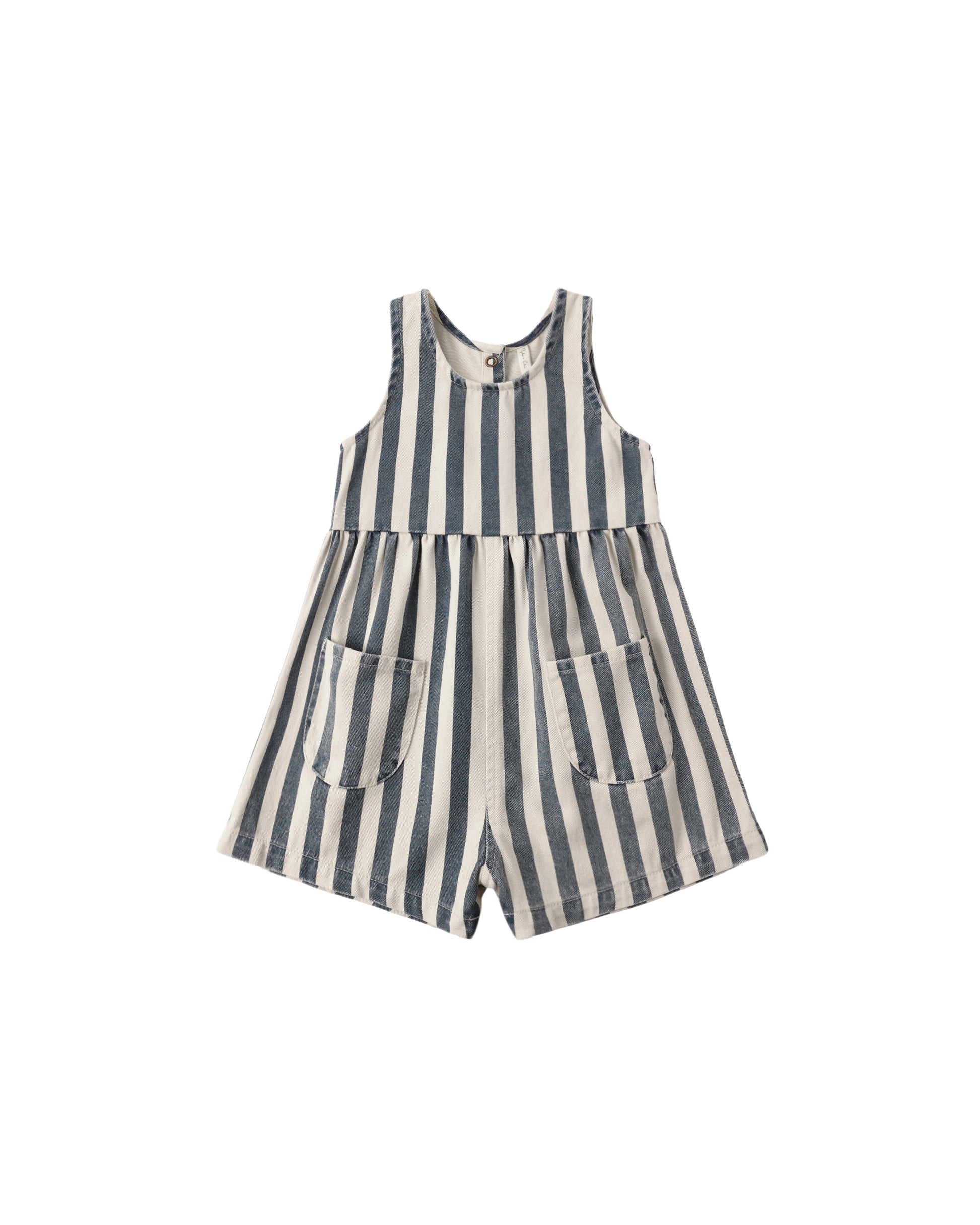 Navy and white stripe Dani romper by Rylee & Cru, featuring a soft, comfortable design with short sleeves and a relaxed fit.
