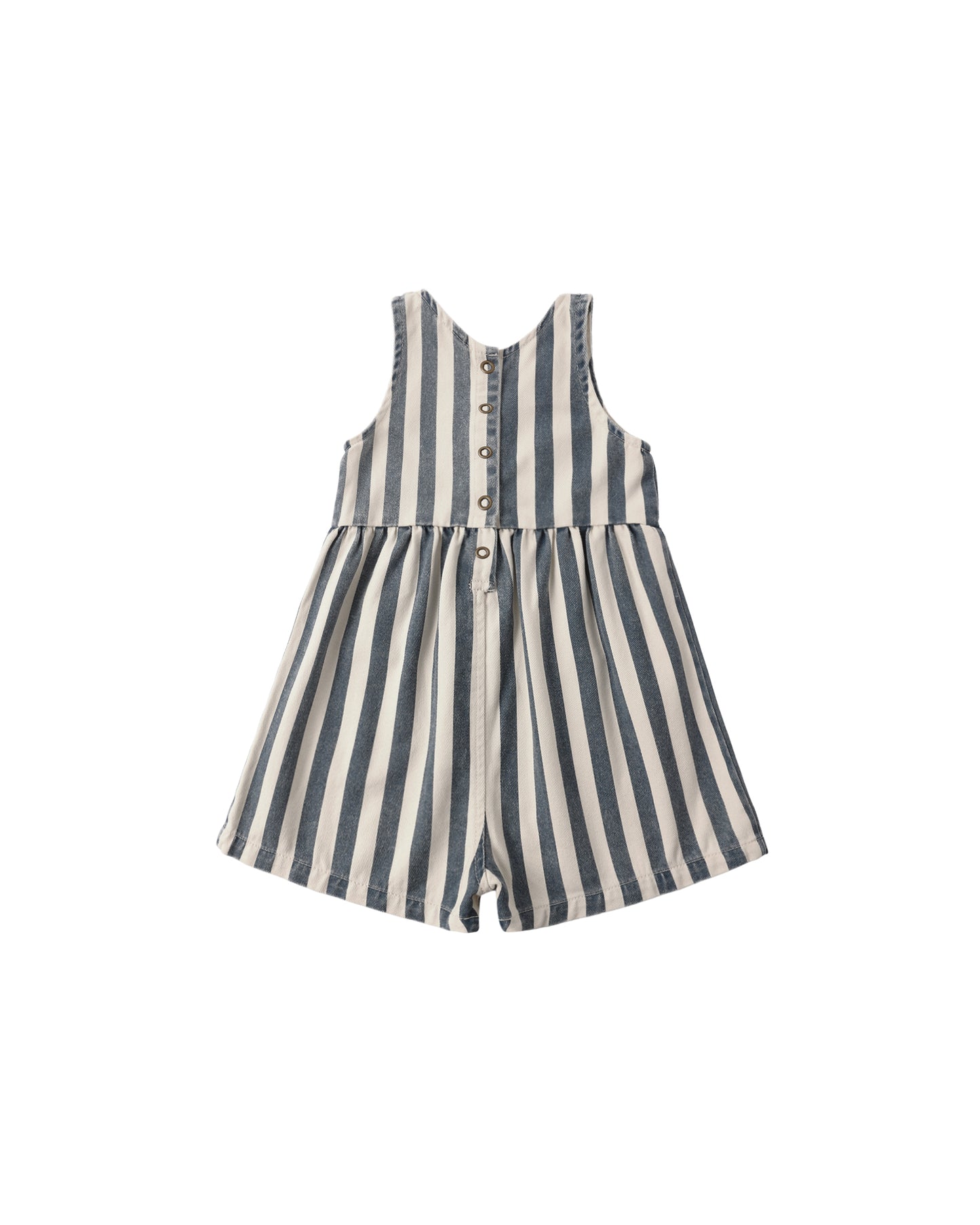 Navy and white striped Dani romper by Rylee & Cru, featuring soft fabric and a comfortable fit for babies.