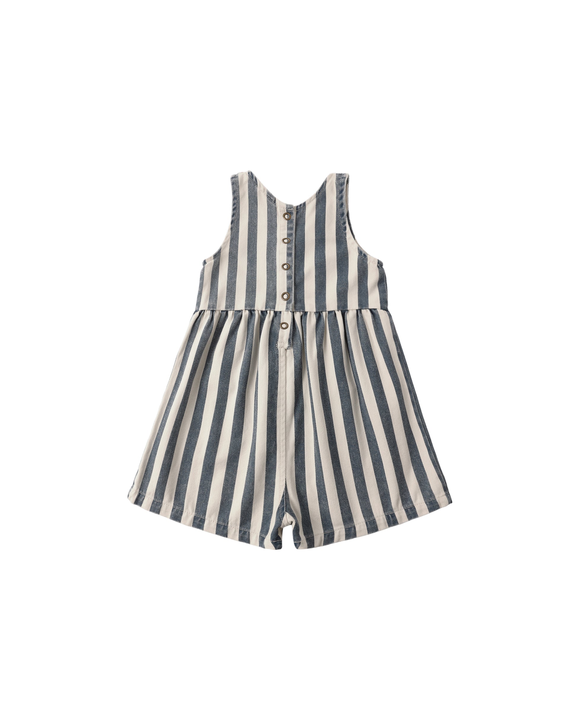 Navy and white striped Dani romper by Rylee & Cru, featuring soft fabric and a comfortable fit for babies.