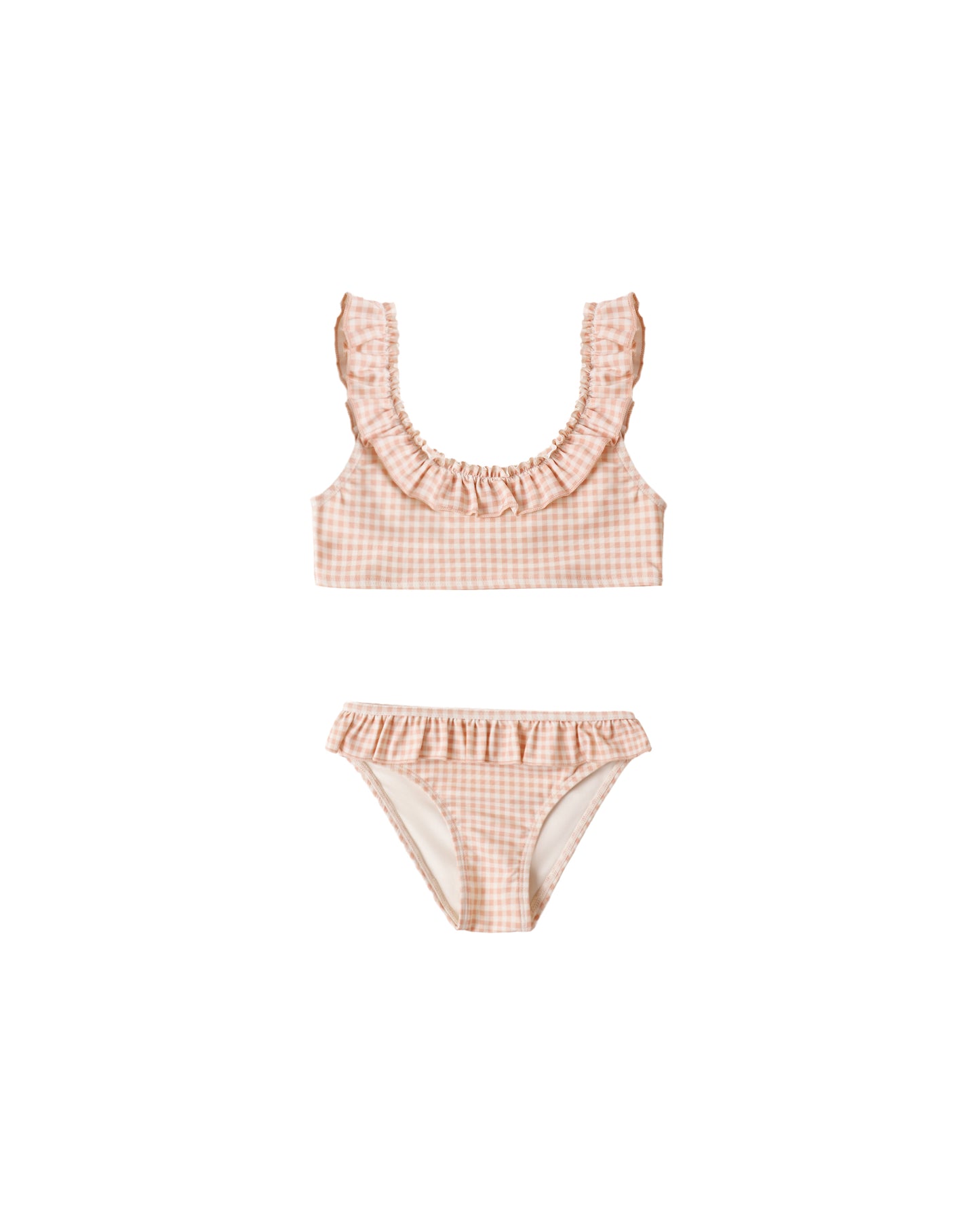 Rylee & Cru Petal Gingham Giana Bikini for girls, featuring pink petal gingham fabric and classic bikini style.