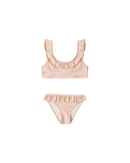 Rylee & Cru Petal Gingham Giana Bikini for girls, featuring pink and white gingham pattern with ruffled details.