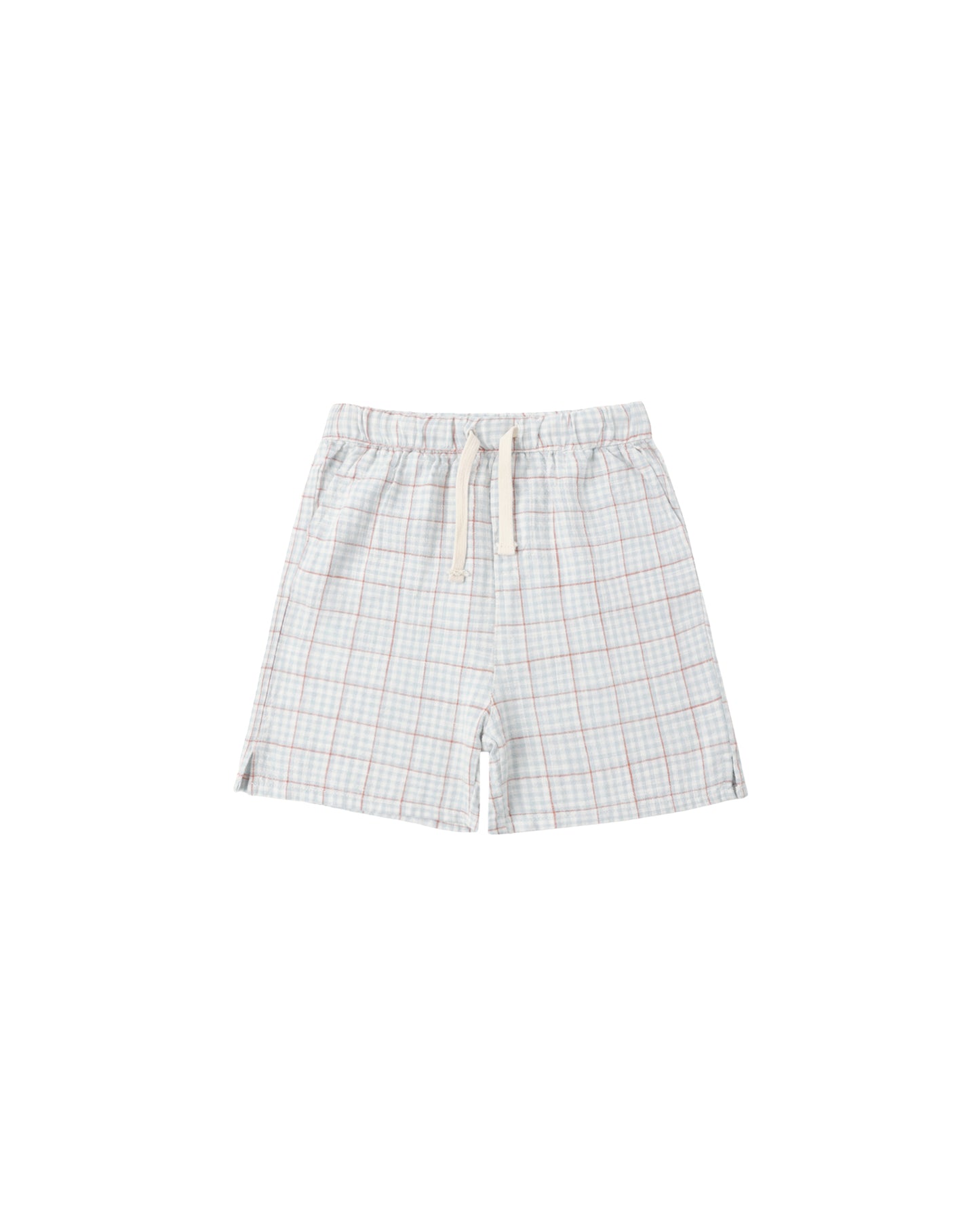 Light blue plaid Perry shorts for kids by Rylee & Cru, shown with elastic waistband and rolled-up hem detail.