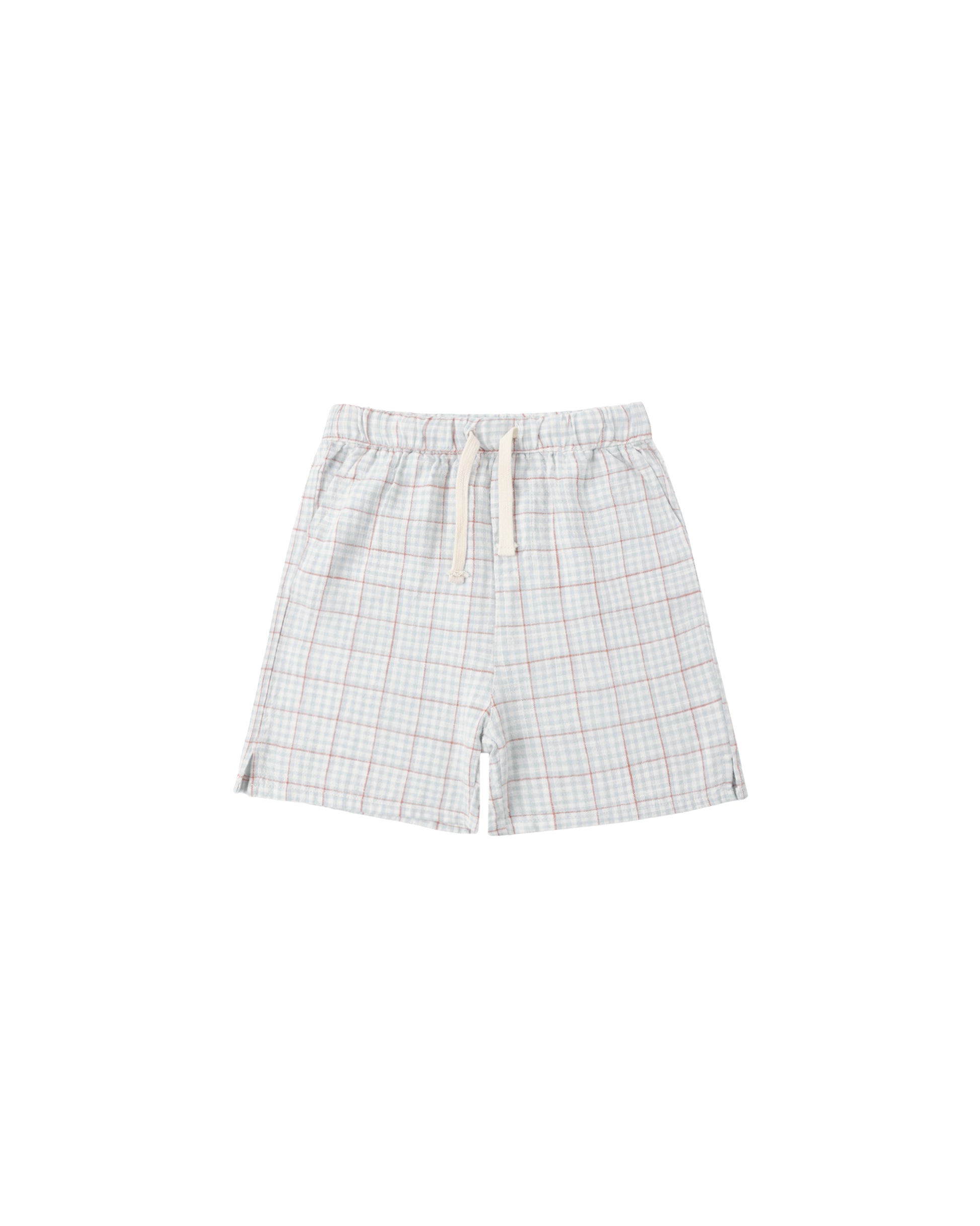Light blue plaid Perry shorts for kids by Rylee & Cru, shown with elastic waistband and rolled-up hem detail.
