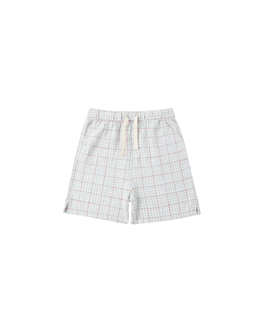 Light blue plaid Perry shorts for kids by Rylee & Cru, shown with elastic waistband and rolled-up hem detail.