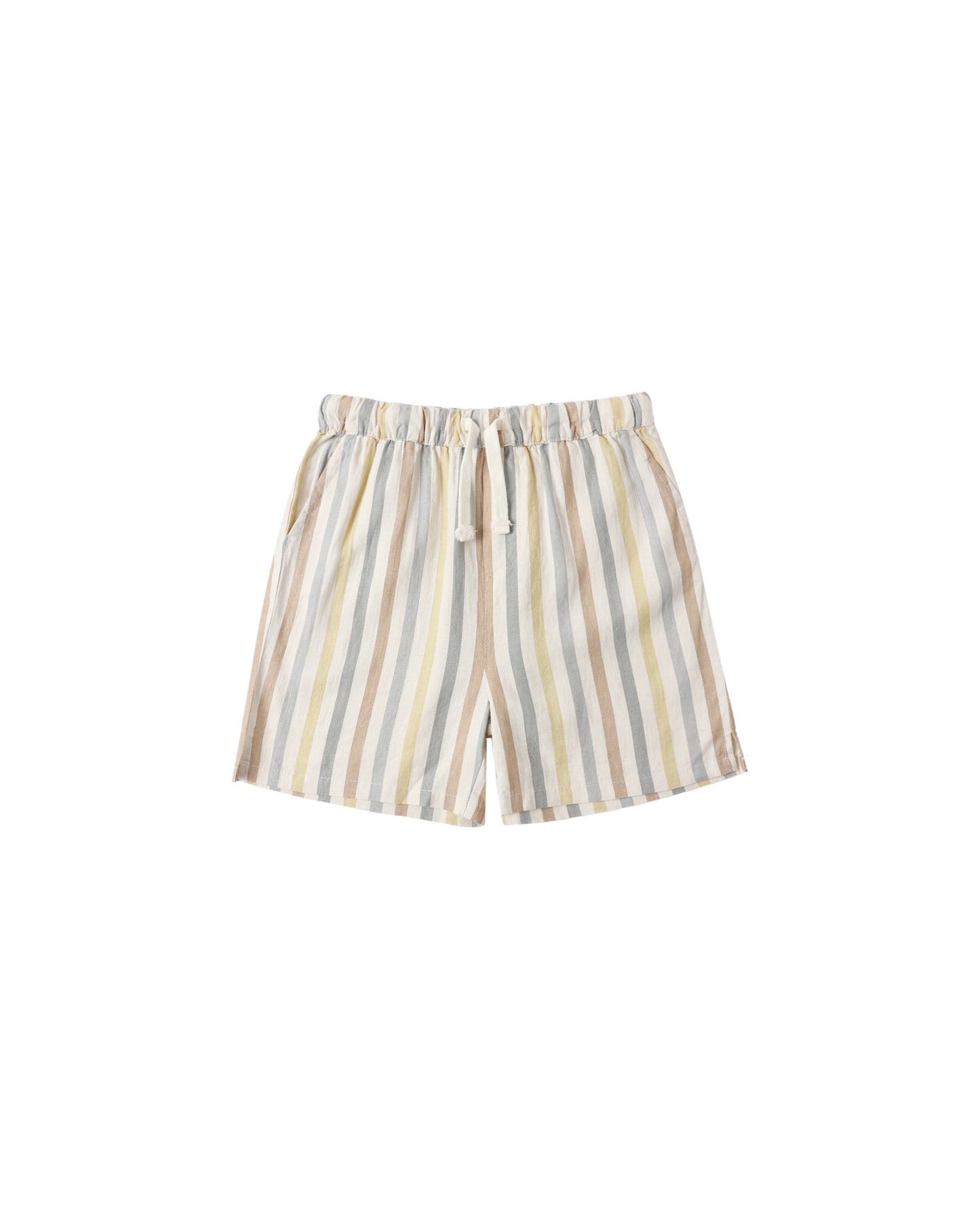 Rylee & Cru Valencia Stripe Perry Shorts in natural with blue and white stripe pattern, featuring a relaxed fit and elastic waistband.