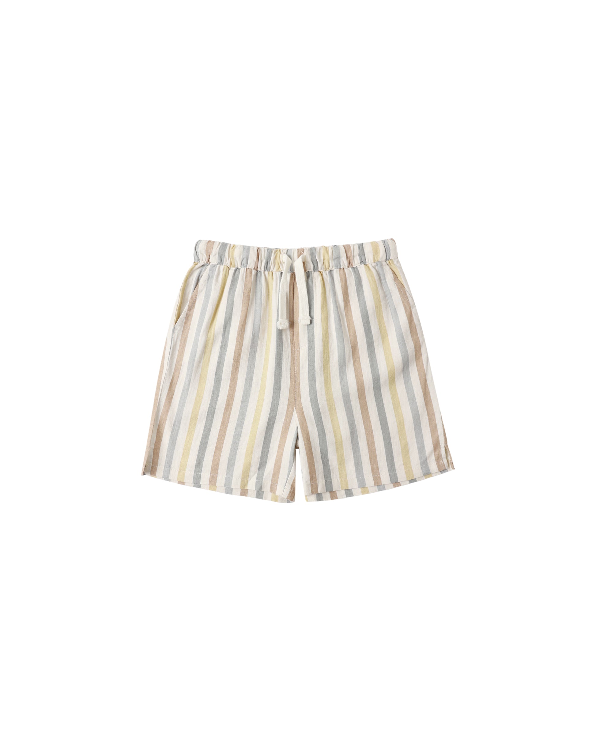 Rylee & Cru Valencia Stripe Perry Shorts in natural with blue and white stripe pattern, featuring a relaxed fit and elastic waistband.