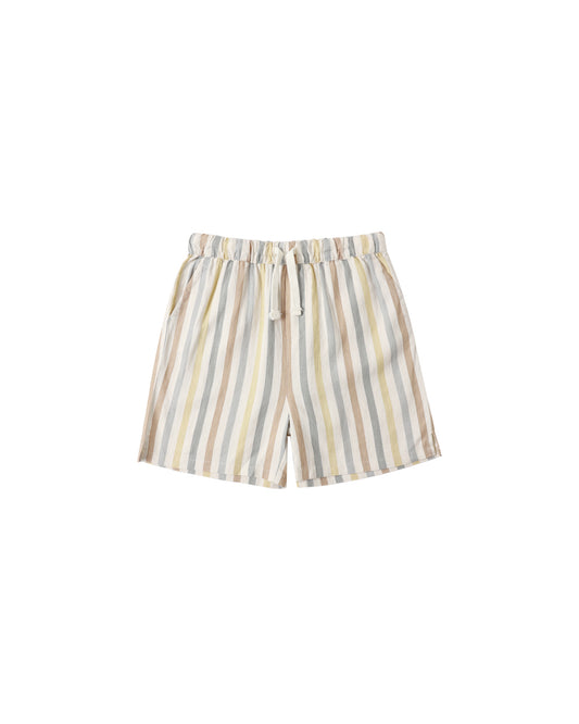 Rylee & Cru Valencia Stripe Perry Shorts in natural with blue and white stripe pattern, featuring a relaxed fit and elastic waistband.