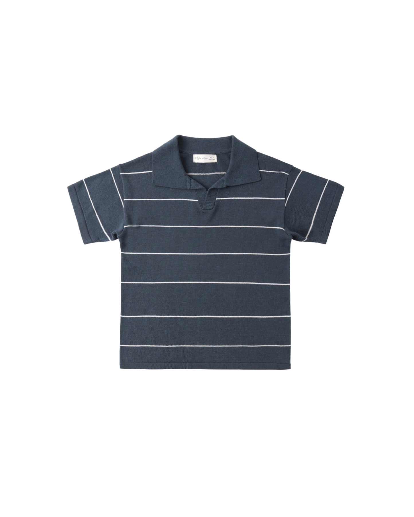 Navy and white striped Chandler Knit Polo shirt for boys by Rylee & Cru, showing the front view with collar and short sleeves.