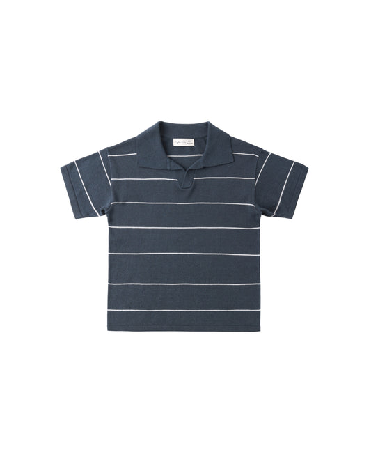 Navy and white striped Chandler Knit Polo shirt for boys by Rylee & Cru, showing the front view with collar and short sleeves.