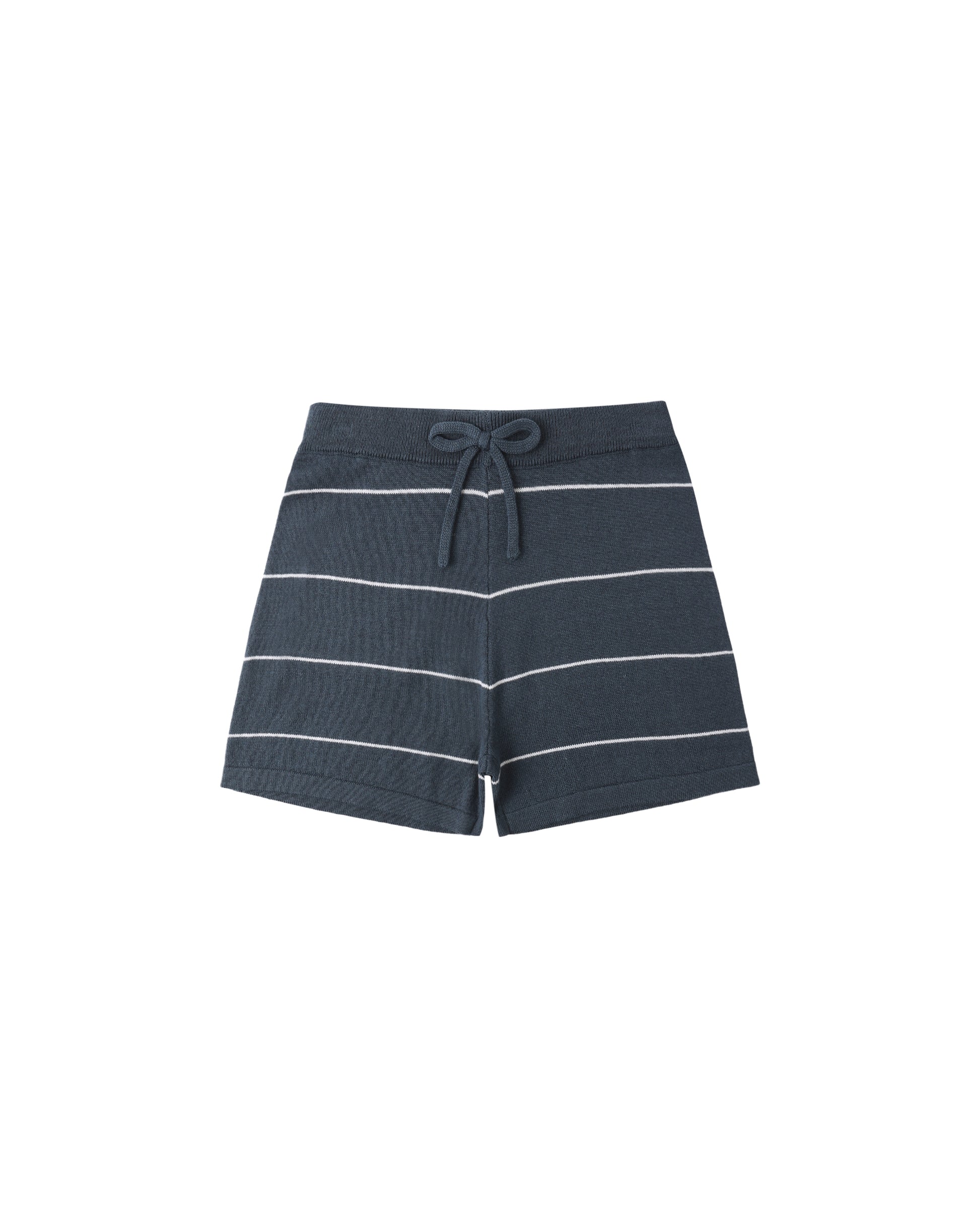 Navy and white striped Chandler knit shorts by Rylee & Cru, featuring a comfortable elastic waistband and soft knit fabric.