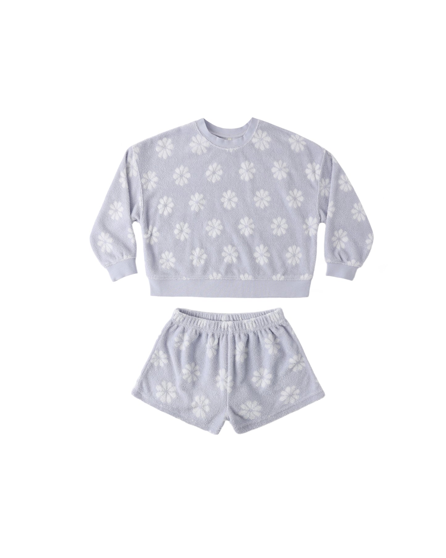 Periwinkle Daisy Karli set by Rylee & Cru featuring a soft periwinkle color and floral daisy details on a cozy fabric.