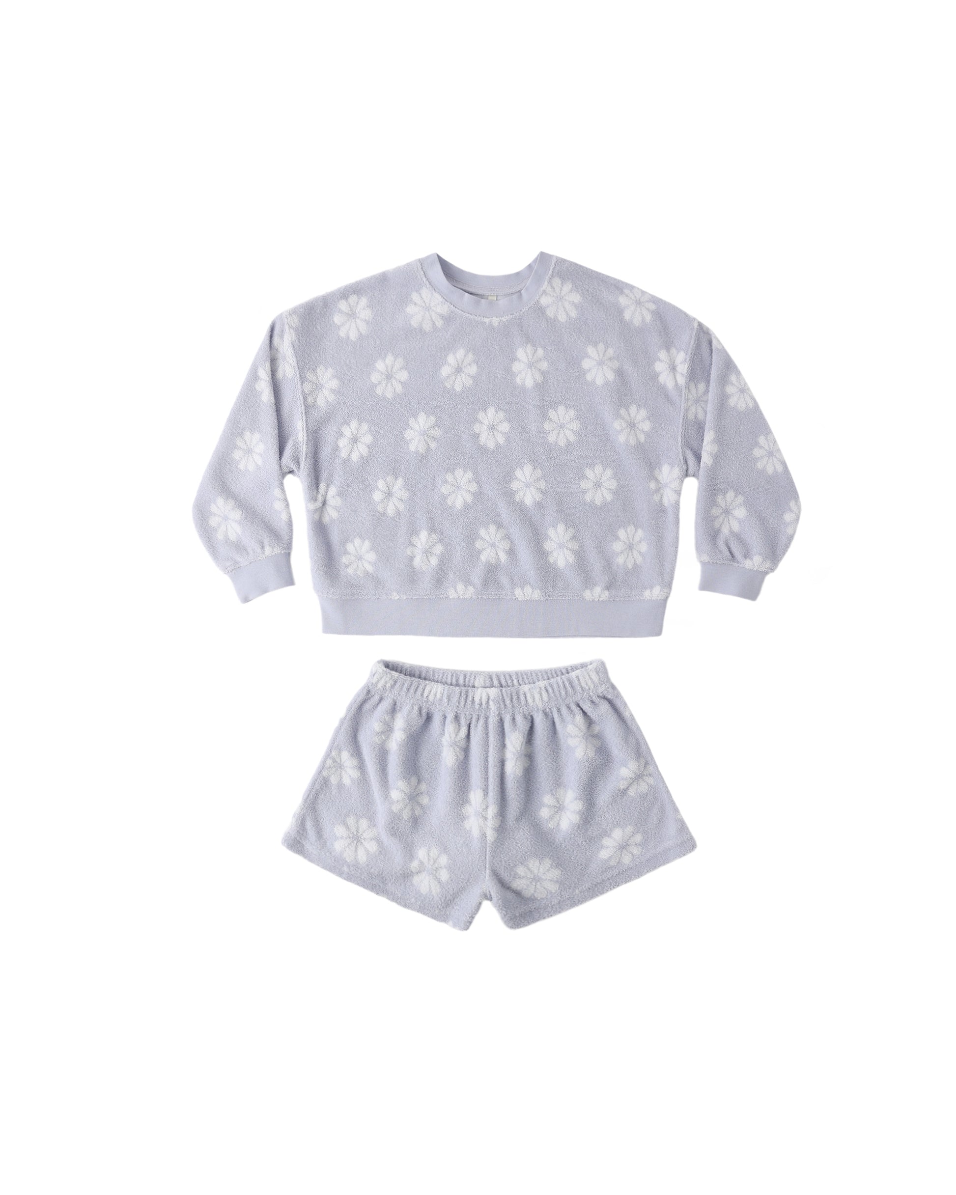 Periwinkle Daisy Karli set by Rylee & Cru featuring a soft periwinkle color and floral daisy details on a cozy fabric.