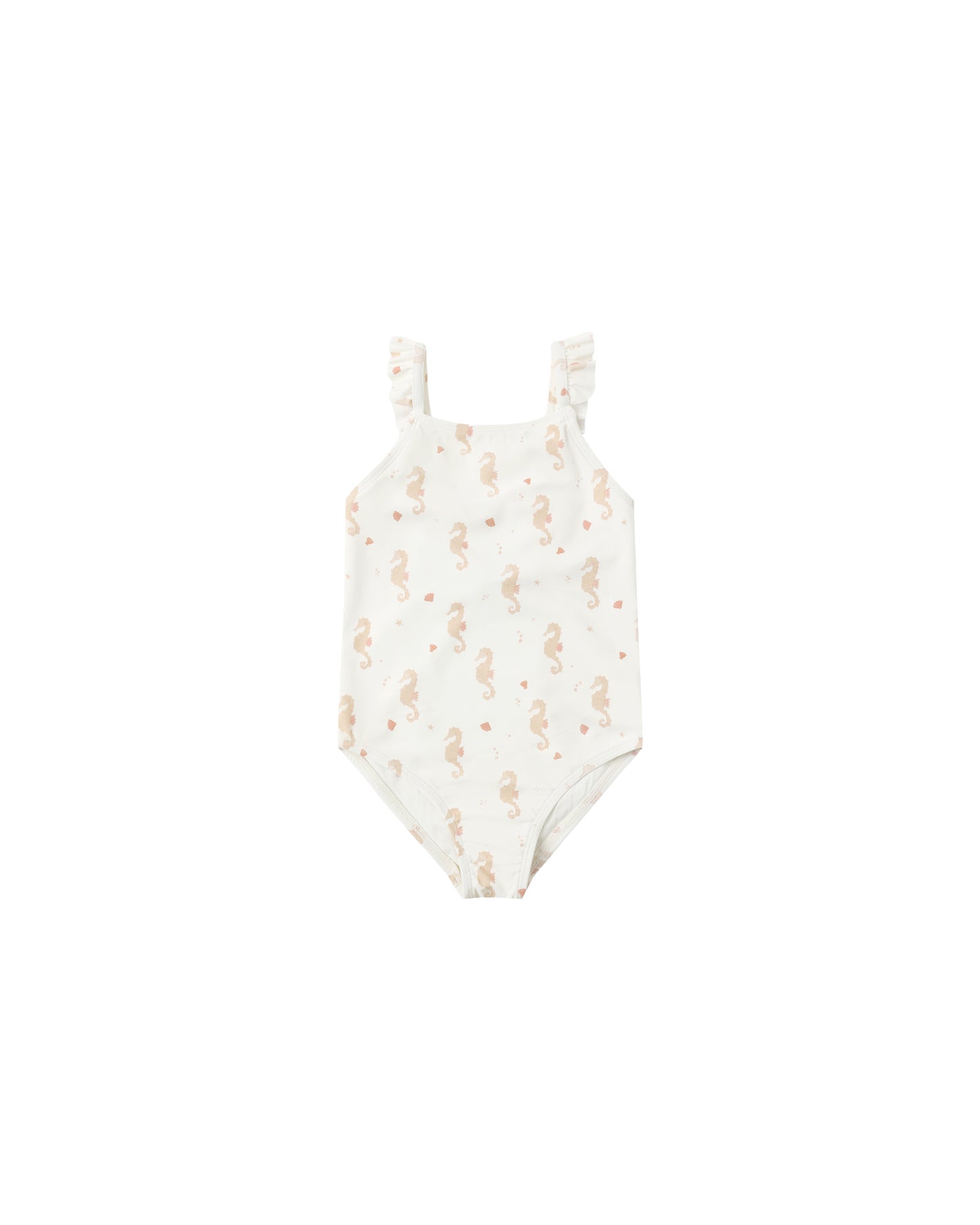 Rylee & Cru Seahorses Positano one-piece swimsuit in ivory with colorful seahorse print, front view.