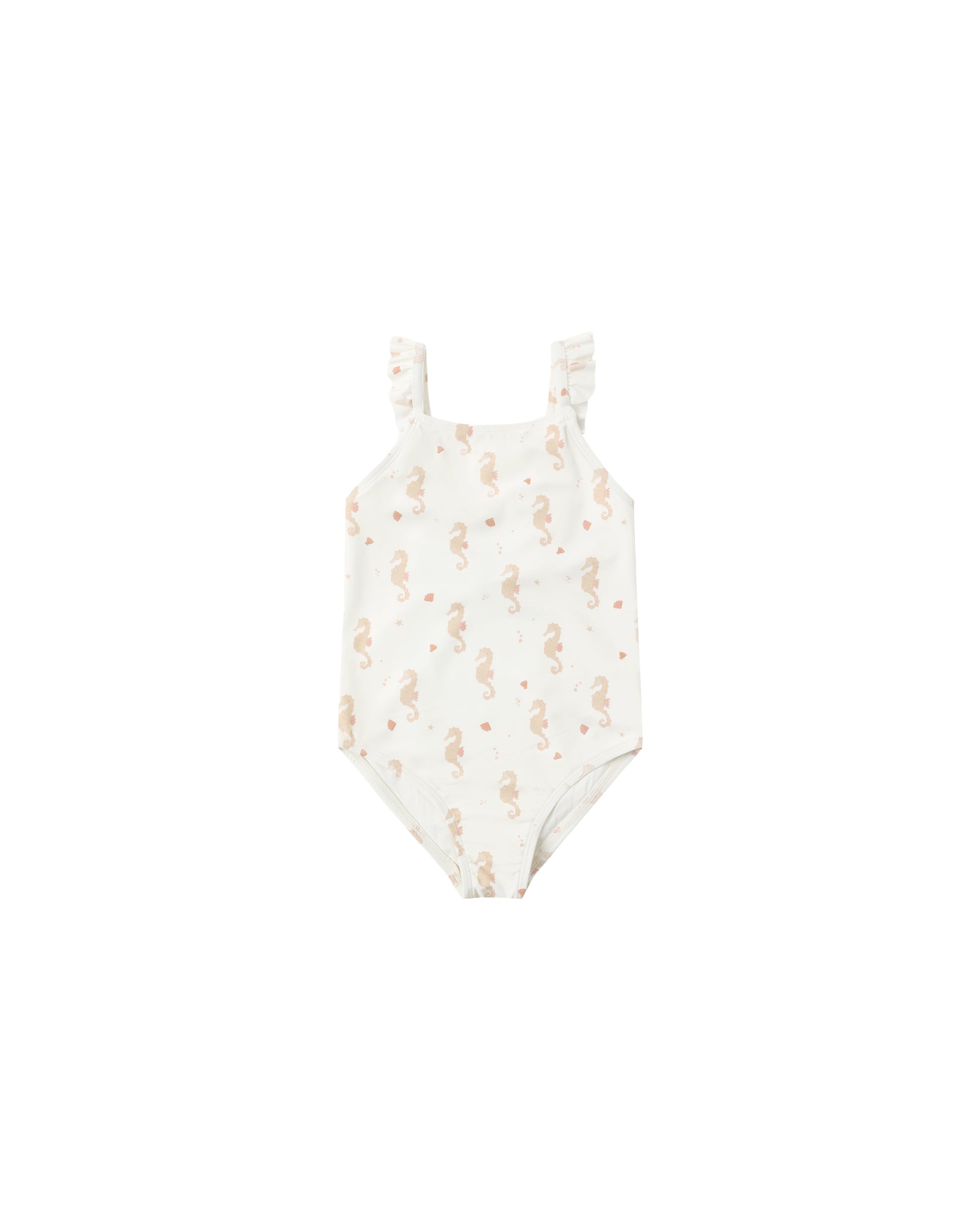 Rylee & Cru Seahorses Positano one-piece swimsuit in ivory with colorful seahorse print, front view.