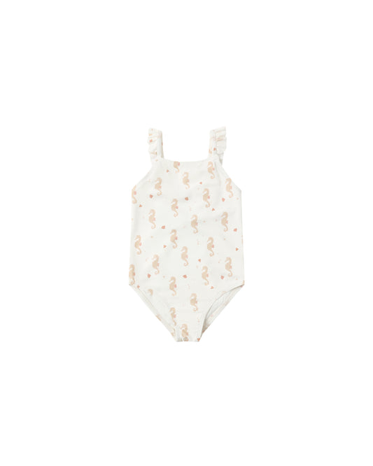 Rylee & Cru Seahorses Positano one-piece swimsuit in ivory with colorful seahorse print, front view.