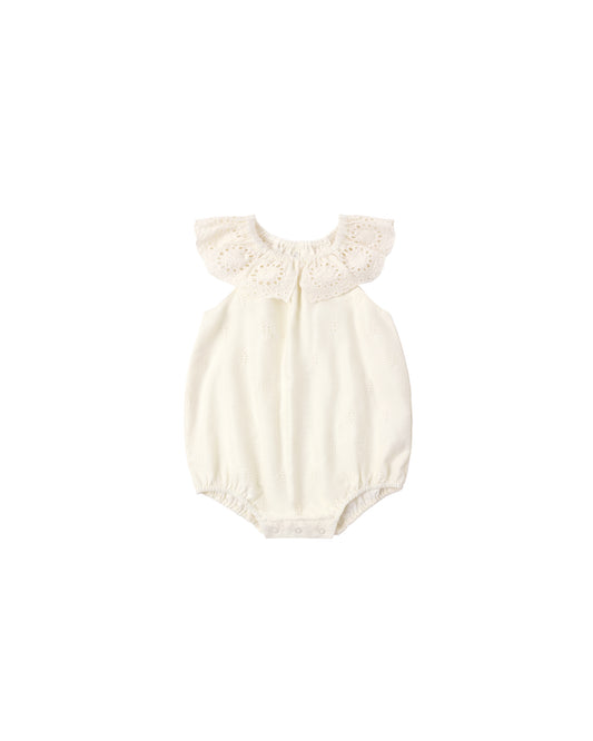 Ivory Myla Romper by Rylee & Cru, featuring a soft fabric and relaxed fit, ideal for casual summer wear.