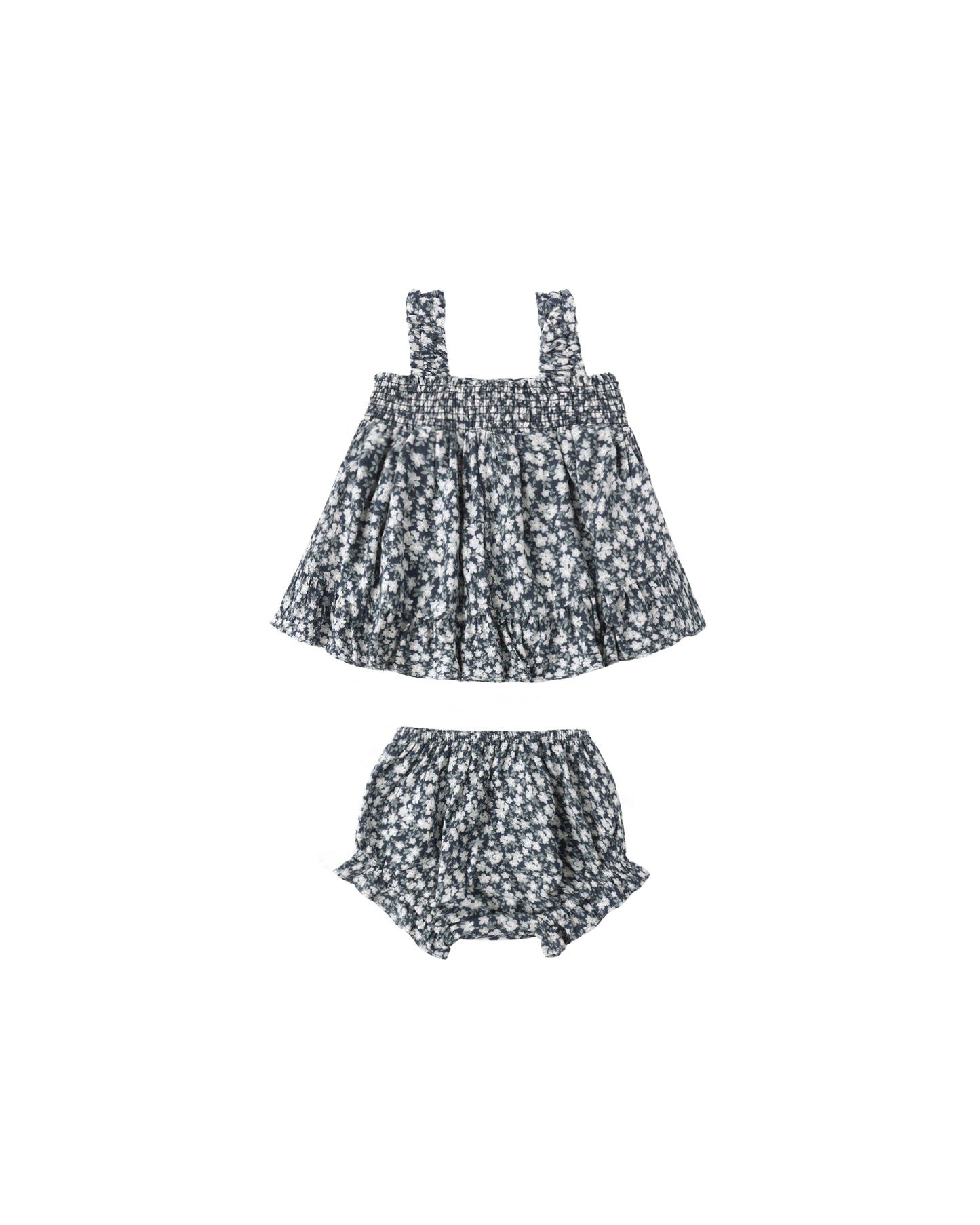 Navy floral Lala set by Rylee & Cru featuring a matching top and pants with a floral pattern on soft fabric.